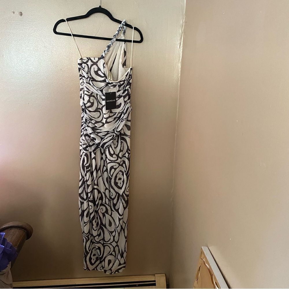 Nicholas Drue Draped Asymmetrical Midi Dress black white print braid Revolve 12 - Picture 5 of 14
